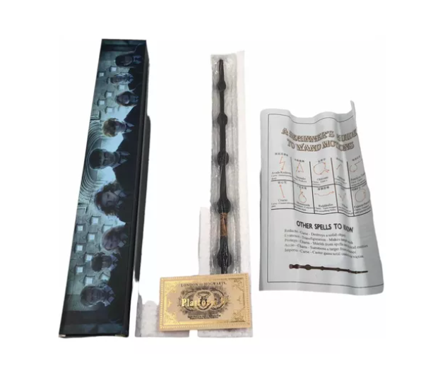 varita de sauco Dumbledore 42 cm + ticket de plataforma 9 3/4 + guia de encantamientos
