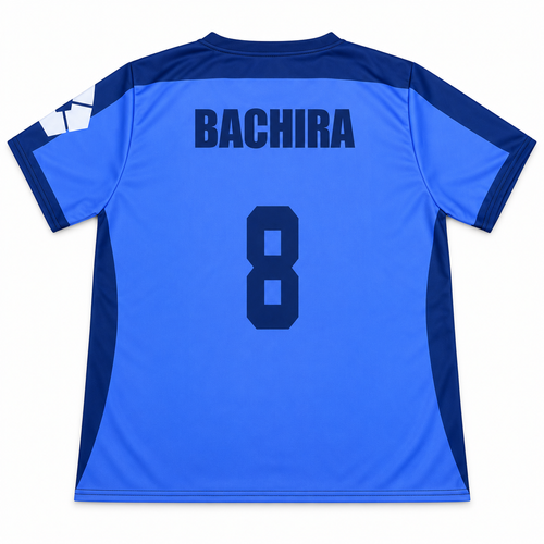 Camiseta Bachira 8 azul vista espalda sobre fondo blanco