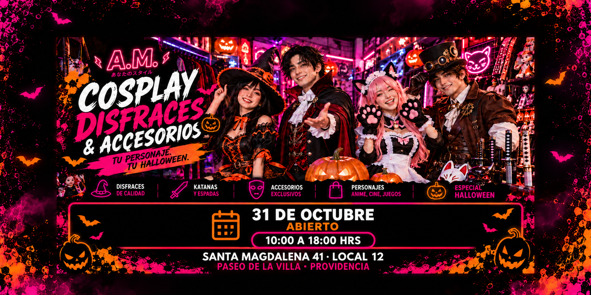 Cosplay, disfraces y accesorios Amplitud Modulada. 31 de octubre abierto de 10:00 a 18:00 hrs. Santa Magdalena 41, local 12, Providencia.
