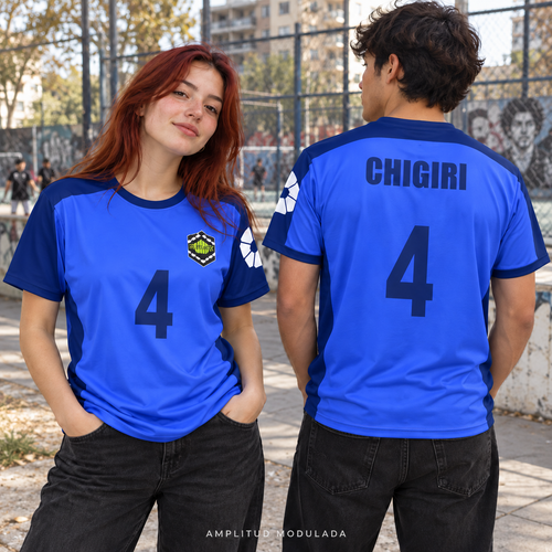 Camiseta Blue Lock Chigiri 4 azul Eleven frente y espalda