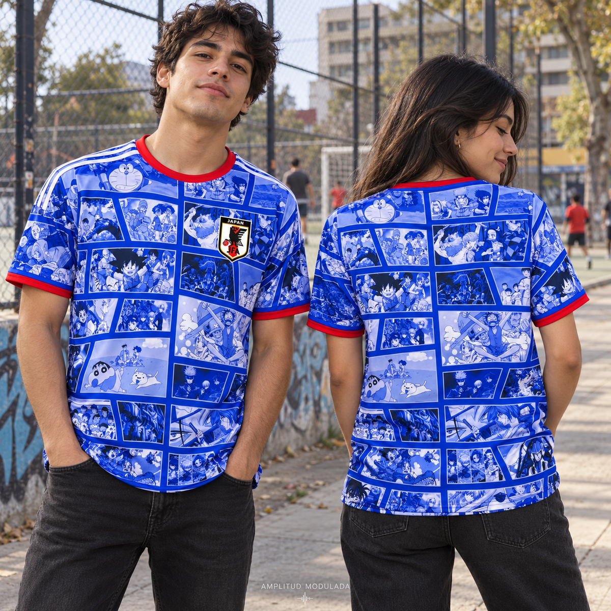 Camiseta Japón Collage Anime Azul frente y espalda