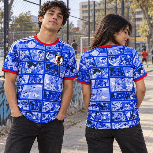 Camiseta Japón Collage Anime Azul frente y espalda