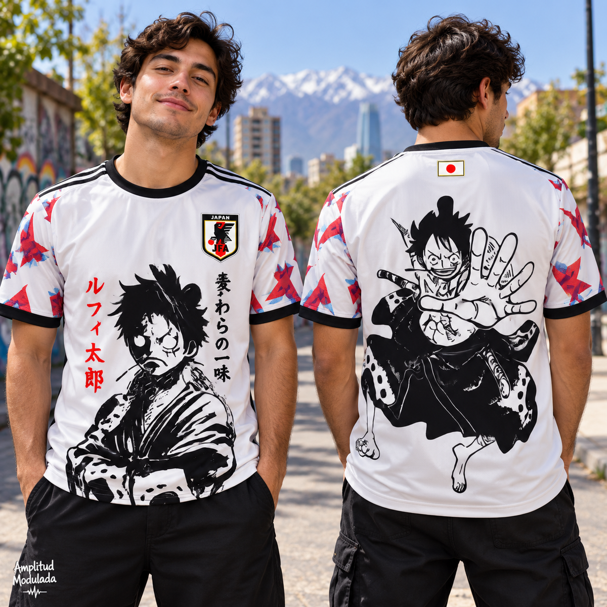 Camiseta Luffy blanca, frente y espalda en modelos