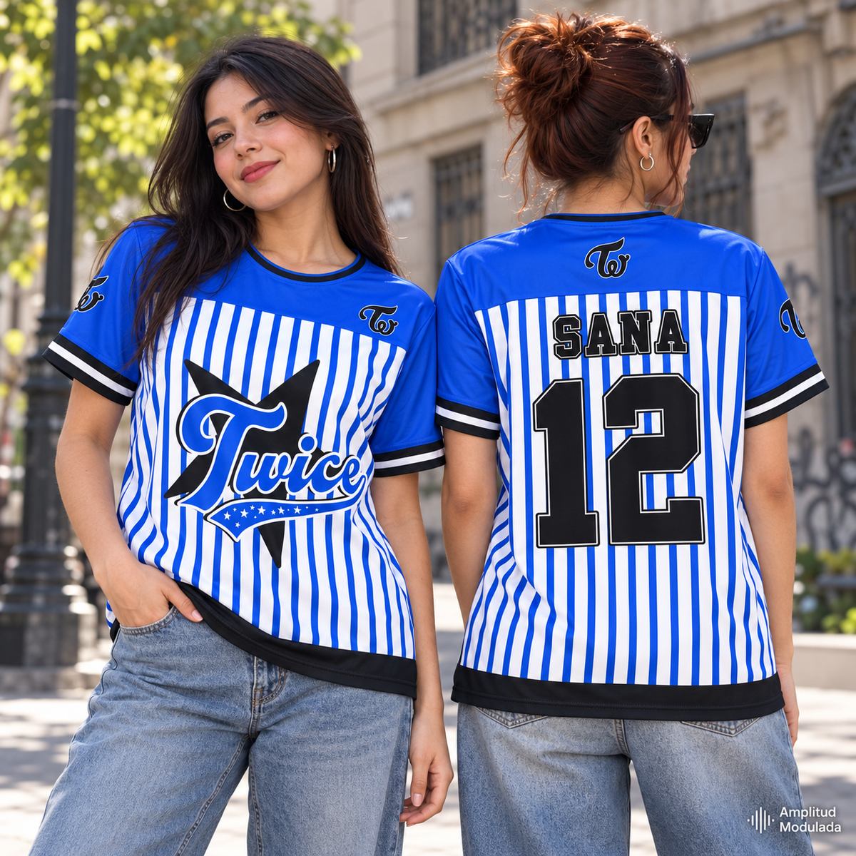 Camiseta TWICE Sana 12, frente y espalda en modelos