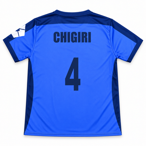 Camiseta Chigiri 4 azul vista espalda sobre fondo blanco