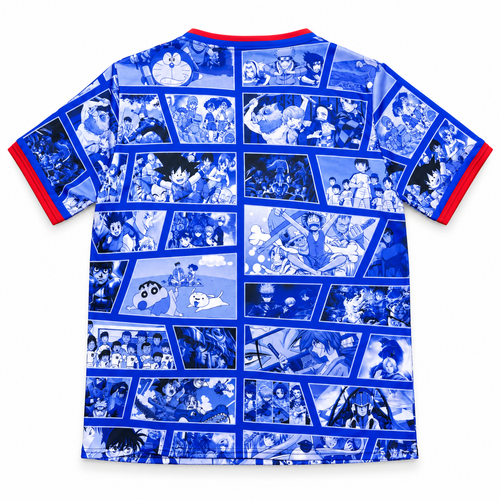 Camiseta Japón collage anime azul vista espalda sobre fondo blanco