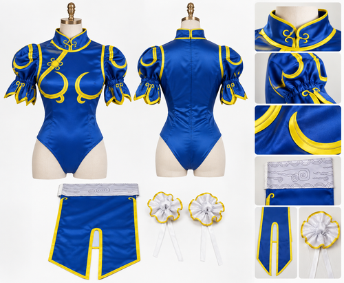 Cosplay Chun-Li azul con detalles dorados