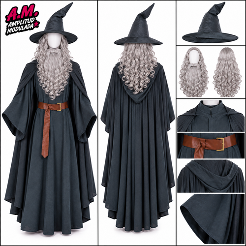 Cosplay Gandalf el Gris con sombrero peluca barba capa y túnica