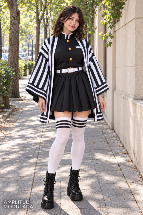 Cosplay Obanai Iguro de mujer con falda y medias blancas - portada