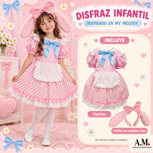 Disfraz infantil inspirado en My Melody — vestido rosado y cintillo con orejitas