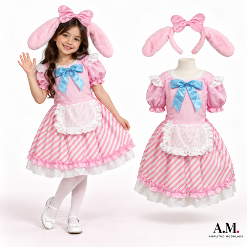 Disfraz infantil inspirado en My Melody — vestido rosado y cintillo con orejitas