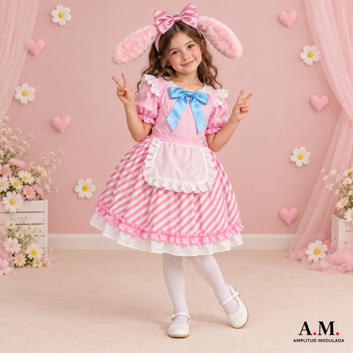 Disfraz infantil inspirado en My Melody — vestido rosado y cintillo con orejitas