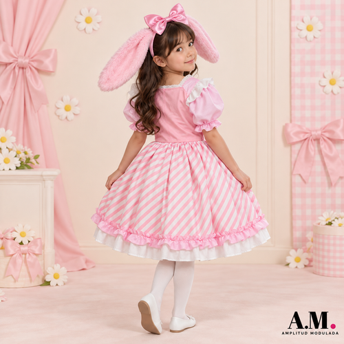 Disfraz infantil inspirado en My Melody — vestido rosado y cintillo con orejitas