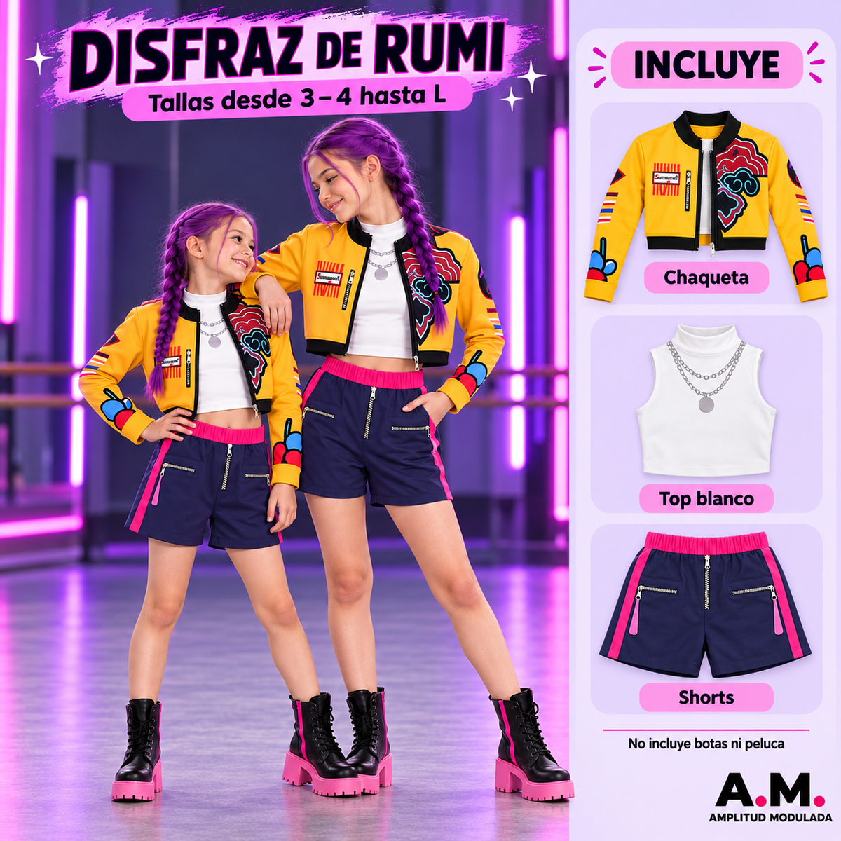 Disfraz de Rumi Guerreras K-pop: chaqueta, top blanco y shorts