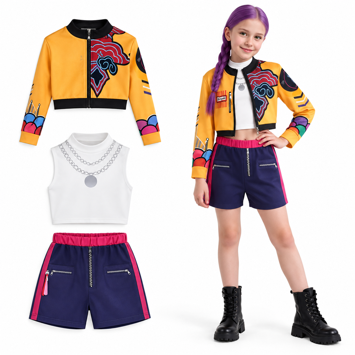 Disfraz de Rumi Guerreras K-pop: chaqueta, top blanco y shorts
