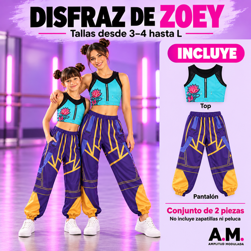 Disfraz Zoey Guerreras K-pop: top turquesa y pantalón morado con dorado