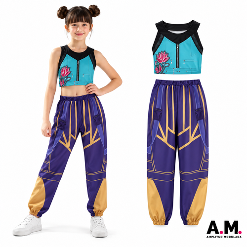 Disfraz Zoey Guerreras K-pop: top turquesa y pantalón morado con dorado