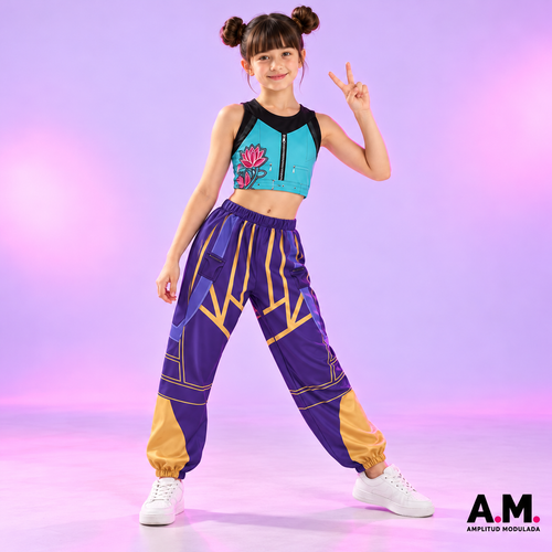 Disfraz Zoey Guerreras K-pop: top turquesa y pantalón morado con dorado
