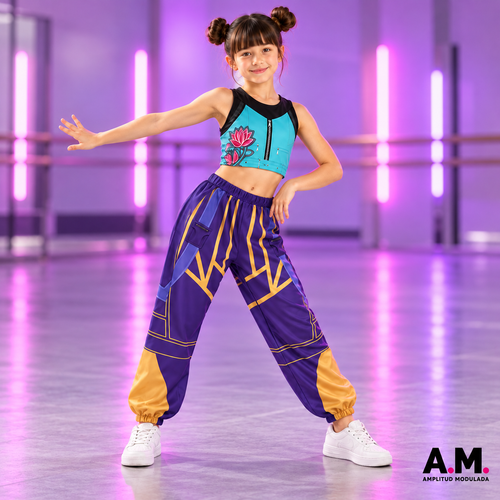 Disfraz Zoey Guerreras K-pop: top turquesa y pantalón morado con dorado