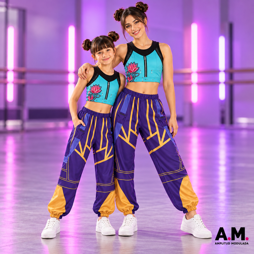 Disfraz Zoey Guerreras K-pop: top turquesa y pantalón morado con dorado