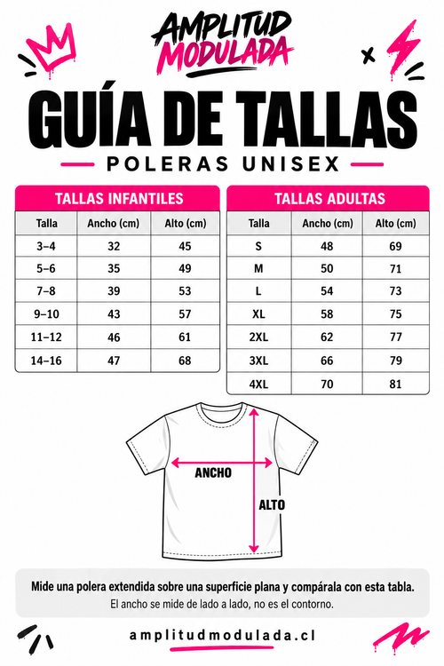 Guía de tallas de poleras unisex Amplitud Modulada: ancho y alto en centímetros, tallas infantiles 3–4 a 14–16 y adultas S a 4XL.