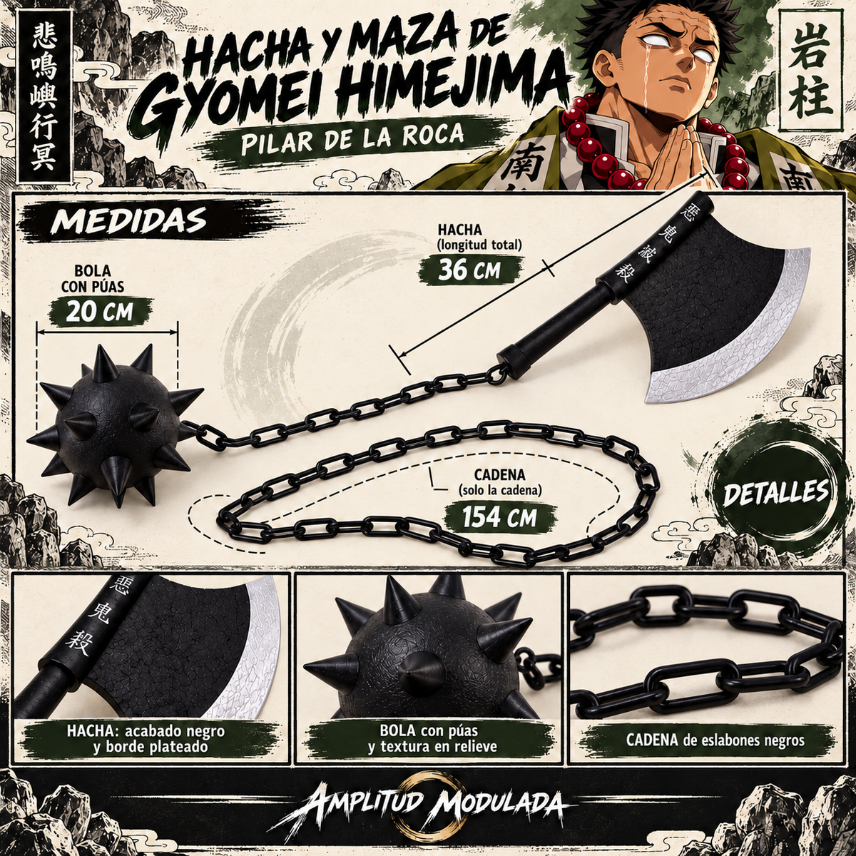 Hacha y maza de Gyomei Himejima — medidas y detalles