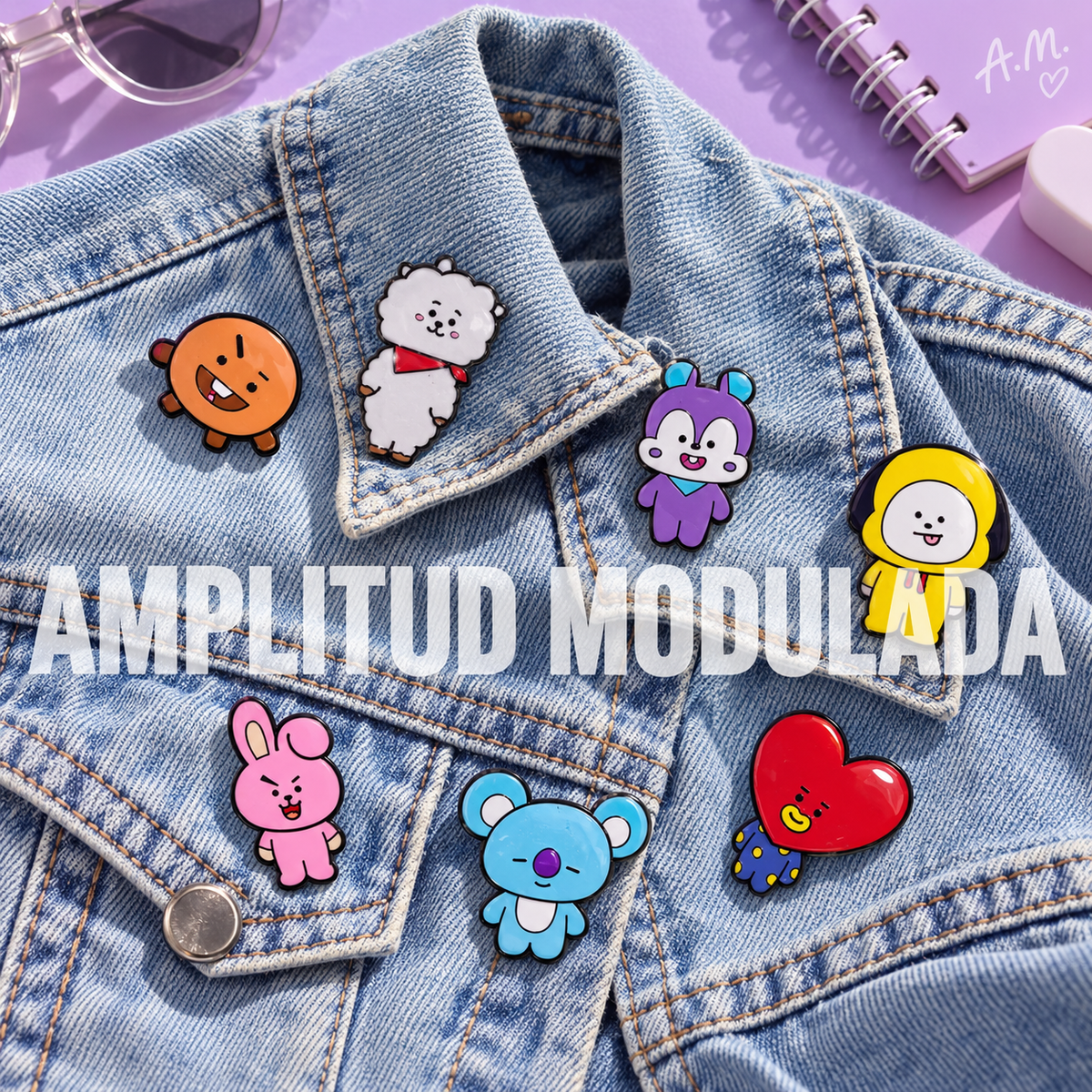 Pines BT21 de siete personajes en chaqueta de mezclilla – Amplitud Modulada