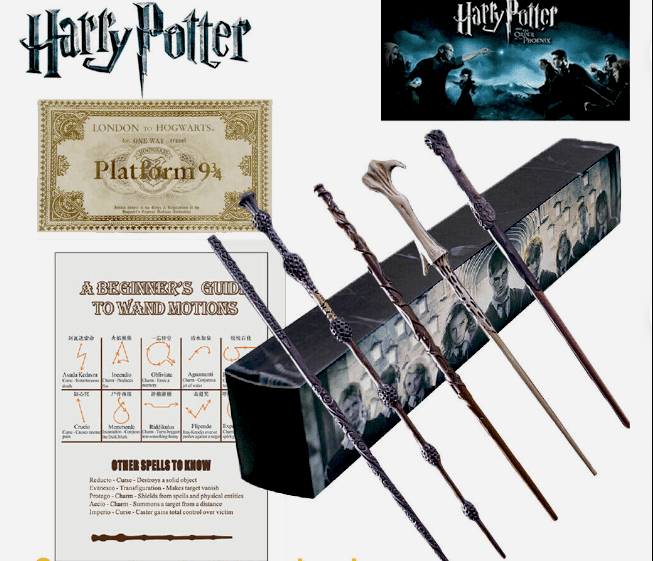 Varita de Harry Potter 42 cm + ticket de plataforma 9 3/4 y guia de hechizos - amplitudmodulada