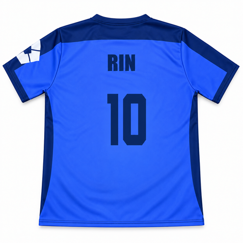 Camiseta Rin 10 azul vista espalda sobre fondo blanco